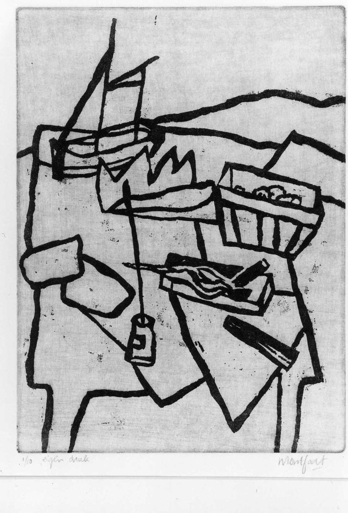 stilleven bootje, suikerwater ets