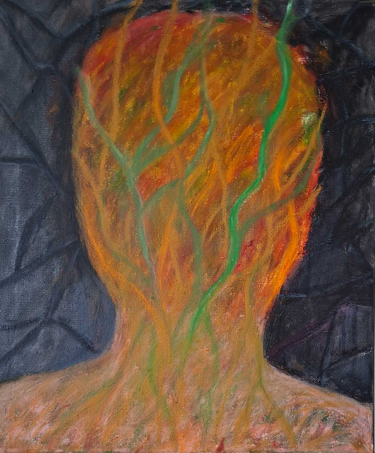 kop in zwart, olieverf