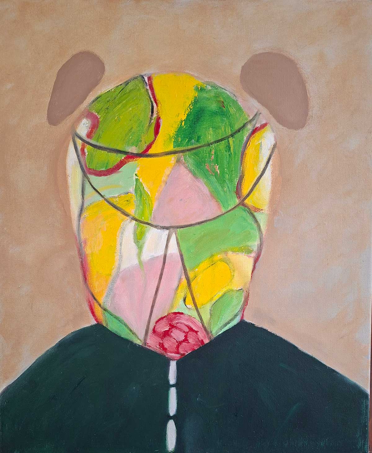 kop groenbeige, olieverf