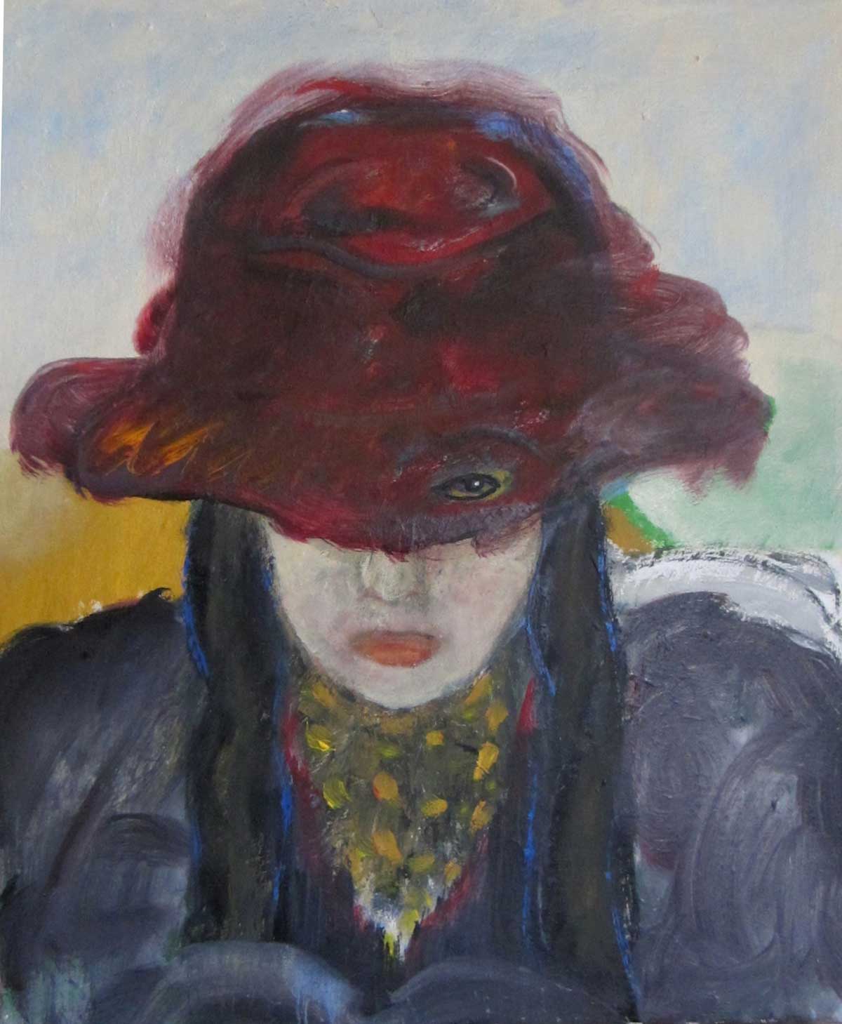 vrouw kop rode hoed, olieverf