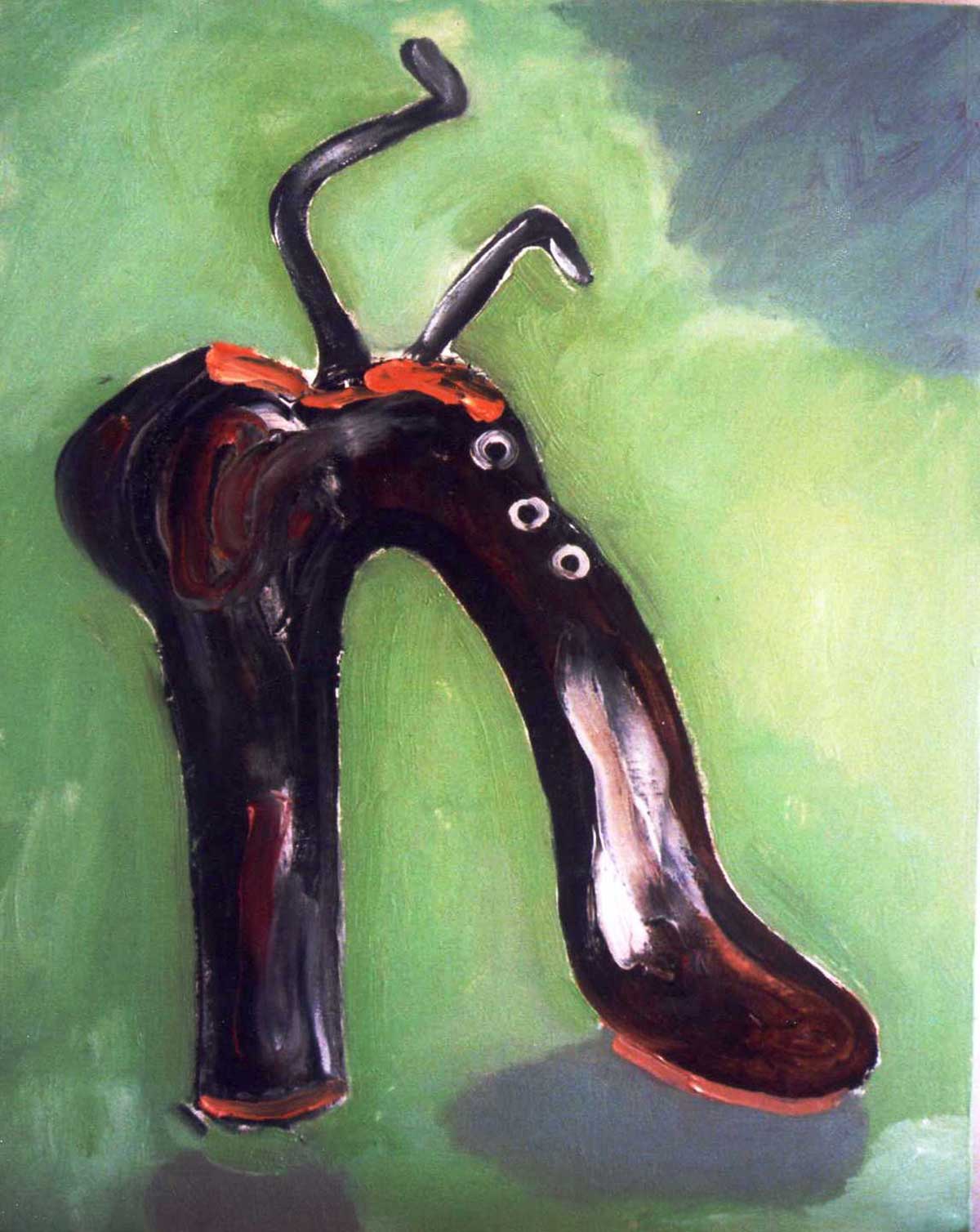 bruine schoen in groen, olieverf