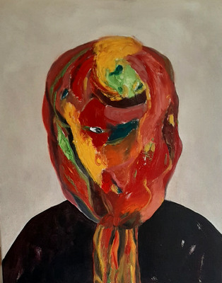 Olieverf schilderij, kop achter rood van Nella Montfoort