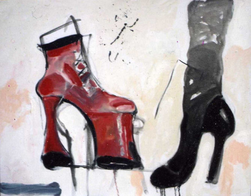 Olieverf schilderij, rode zwarte schoen van Nella Montfoort