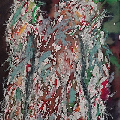 Tekening van Nella Montfoort, jurk kleur, gemengde techniek