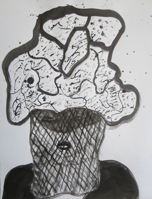 Tekening van Nella Montfoort, hoed met voile, inkt