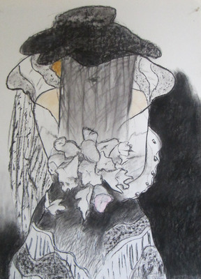 Tekening van Nella Montfoort, hoedvoile bloemen, houtskool