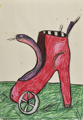 Tekening van Nella Montfoort, rolschoen slang, pastel