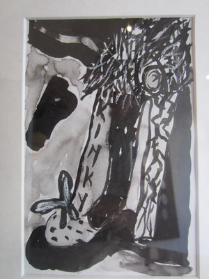 Tekening van Nella Montfoort, kinky schoen, inkt pastel