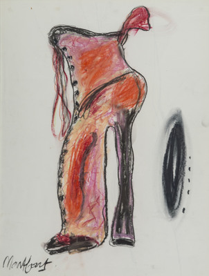 Tekening van Nella Montfoort, rood hoge laars,zwarte vorm, pastel