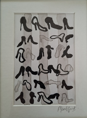 Tekening van Nella Montfoort, schoentjes op strepen, inkt