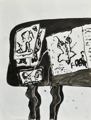 Tekening van Nella Montfoort, tafel met papier,inkt